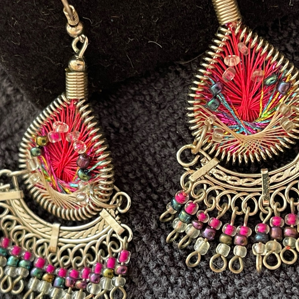 Intricately beaded and delicate thread work pair of earrings